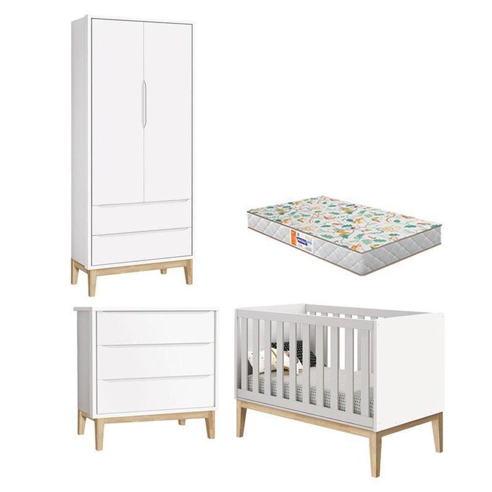 Quarto De Bebê 2 Portas E Cômoda Gaveteiro New Classic Branco Com Pés Madeira Natural E Colchão Gazin ? Reller