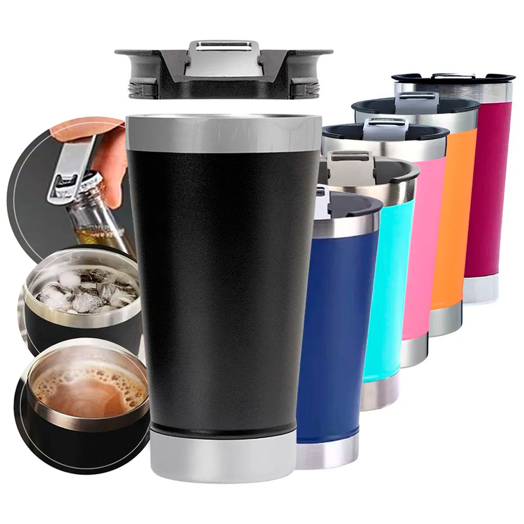 Copo Térmico De Inox Premium Bebidas Gelada e Quente Com Tampa e Abridor 473ml Copinho 350 ml
