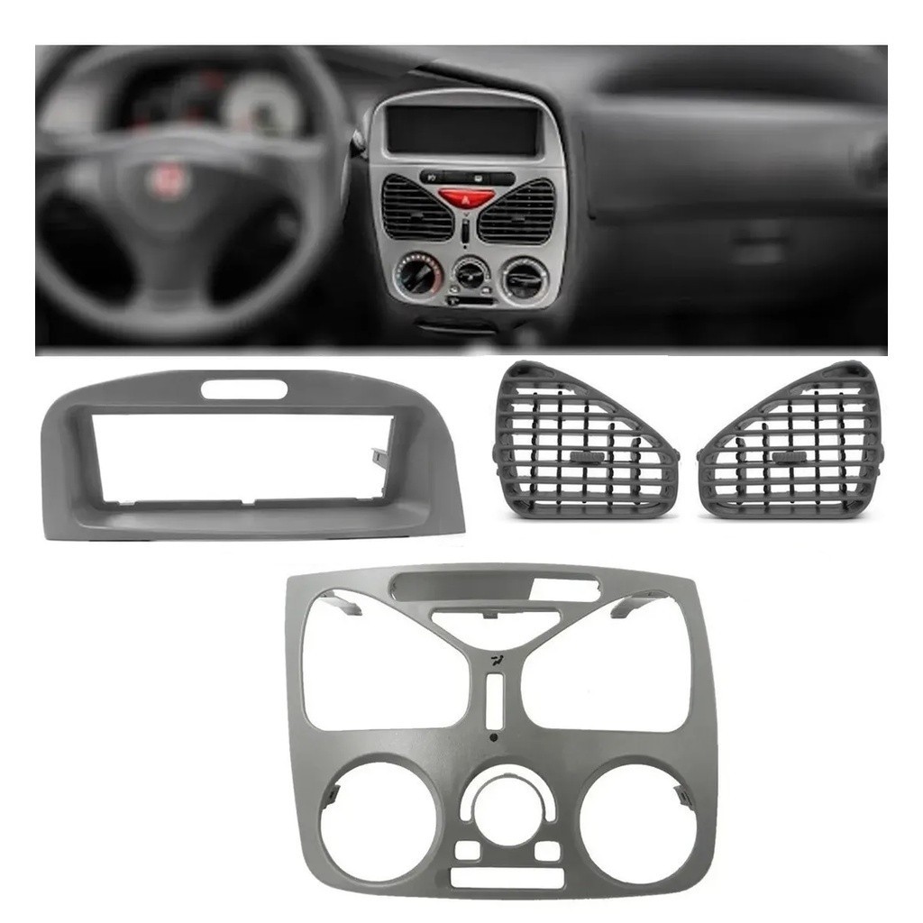 Kit Moldura Painel Central Palio C/ Ar Condicionado + Moldura Radio + 2 Difusores de Ar Palio Cinza