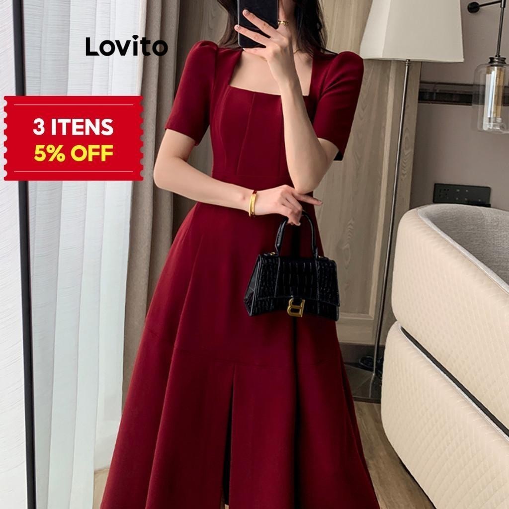(Trendy) Lovito Vestido Elegante Vestido De Baile Com Divisão Lisa Para Mulheres LNE27028 (Multicolorido)