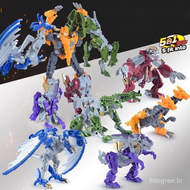 Brinquedo Dinossauro Transformável para Crianças, Robô de Montagem Cinco em Um, Tiranossauro Combinado, Modelo Mecânico