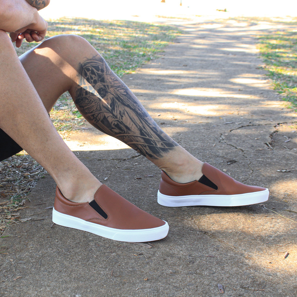 Tênis Sapatênis Slip On Iate Casual Caramelo Masculino Sem Cadarço Calce Fácil Leve Macio Confortável