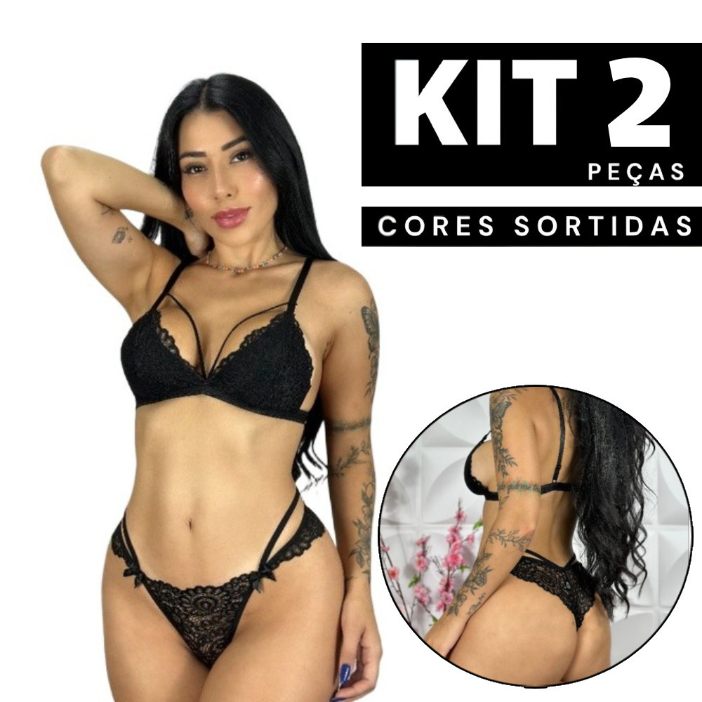 Kit 2/1 Conjunto Feminino Sutiã Sem Bojo e Calcinha em Renda Sexy Confortável Espera Marido Barato