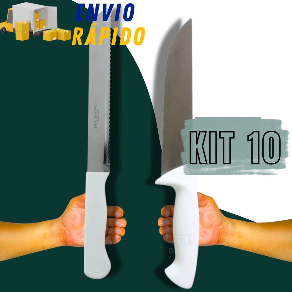 Kit 10 Peças Faca Para Pão Serra + Faca Peixeira Churrasco Grande Cabo Branco Aço Inox Jogo Completo