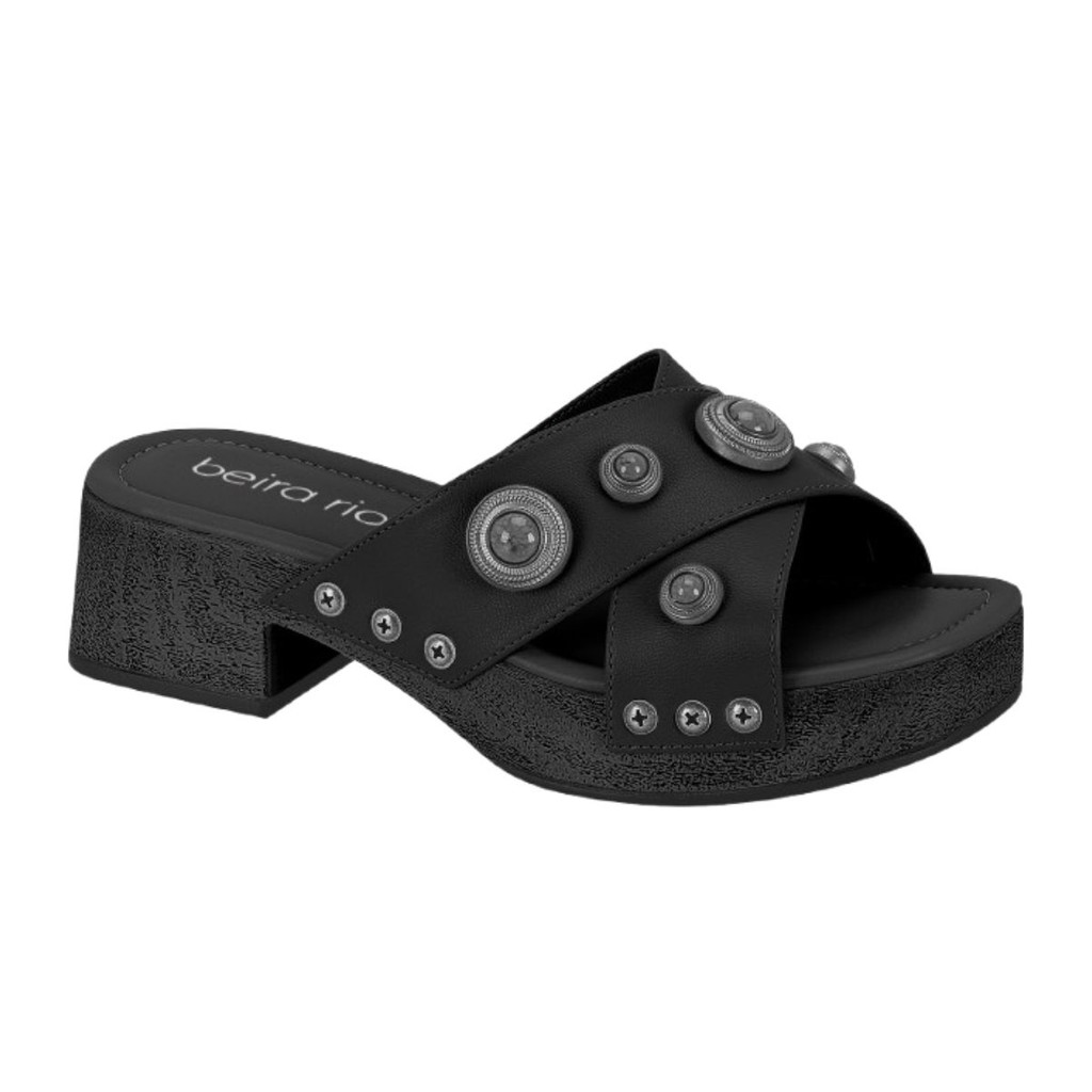 Tamanco Plataforma Beira Rio Slide Tiras Cruzadas Pedraria