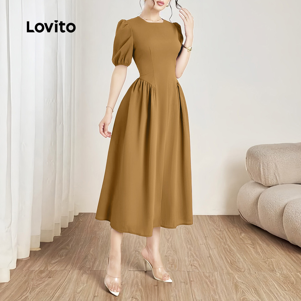 Detalhes do Lovito Vestido Refinado Plissado com Estrutura Linhas Primavera/Verão Marrom L143ED314