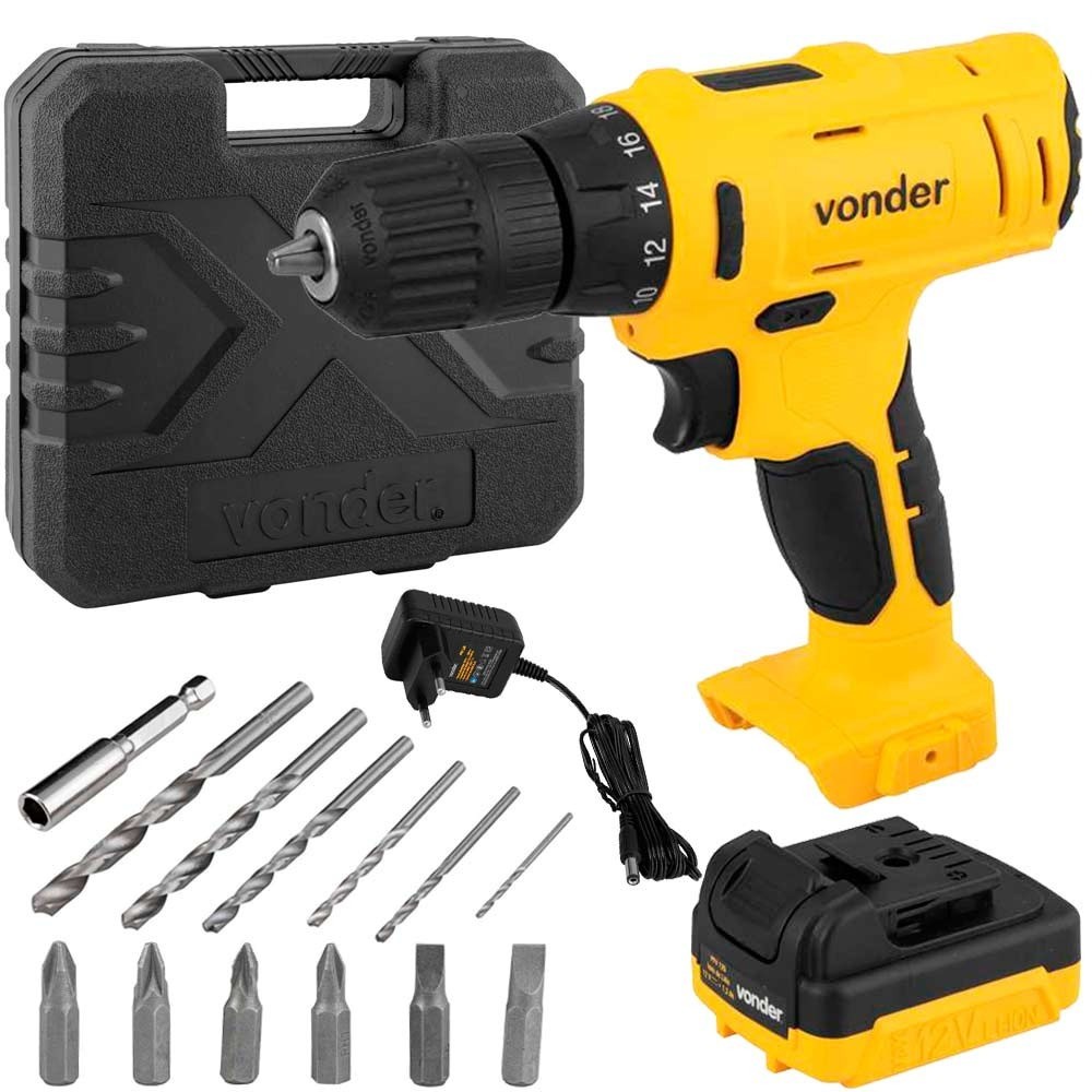 Furadeira Parafusadeira 3/8" a bateria 12V com acessórios PFV 120 Vonder - Home & Living