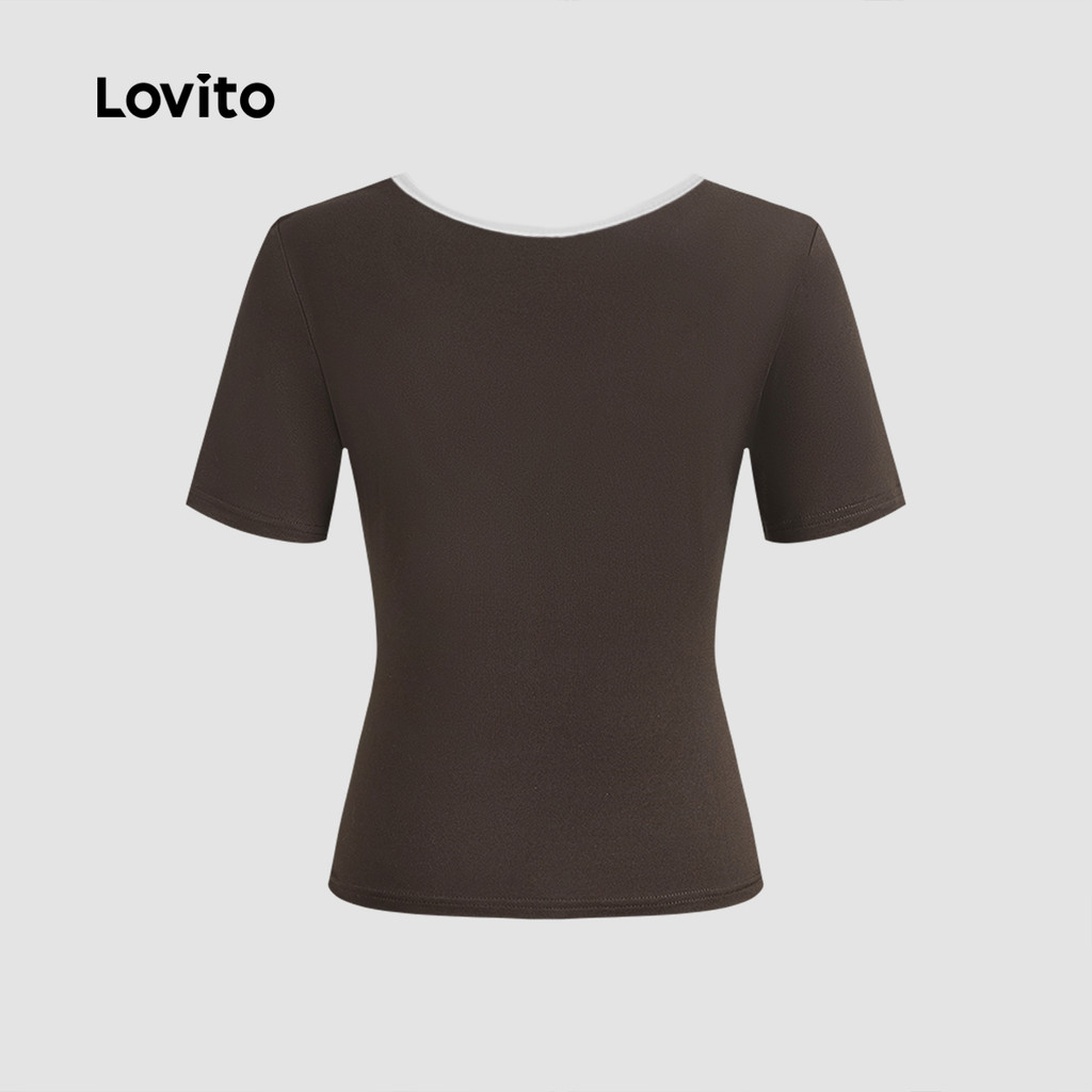 Detalhes do Lovito Camisa Casual Feminina Lisa Com Contraste E Amarração - Camisa De Verão/primavera L132ED947