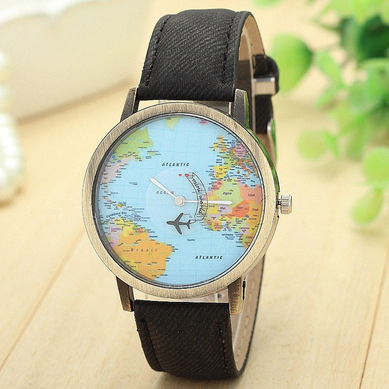 Relógio Unissex 8mm Vidro à Prova d'Água Mostrador de Mapa Pulseira de Couro Fecho Dobrável