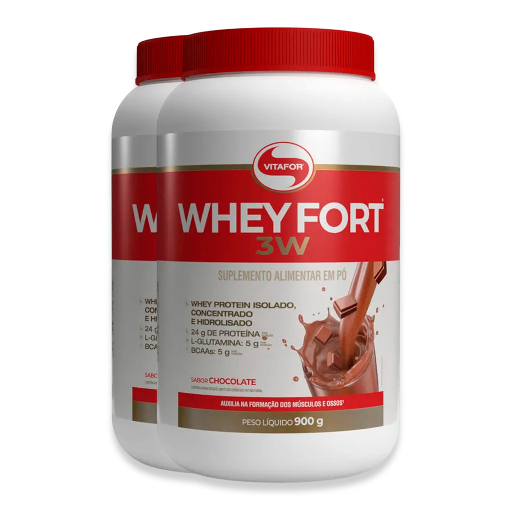Kit 2 Whey Fort 3W Vitafor 900g Chocolate