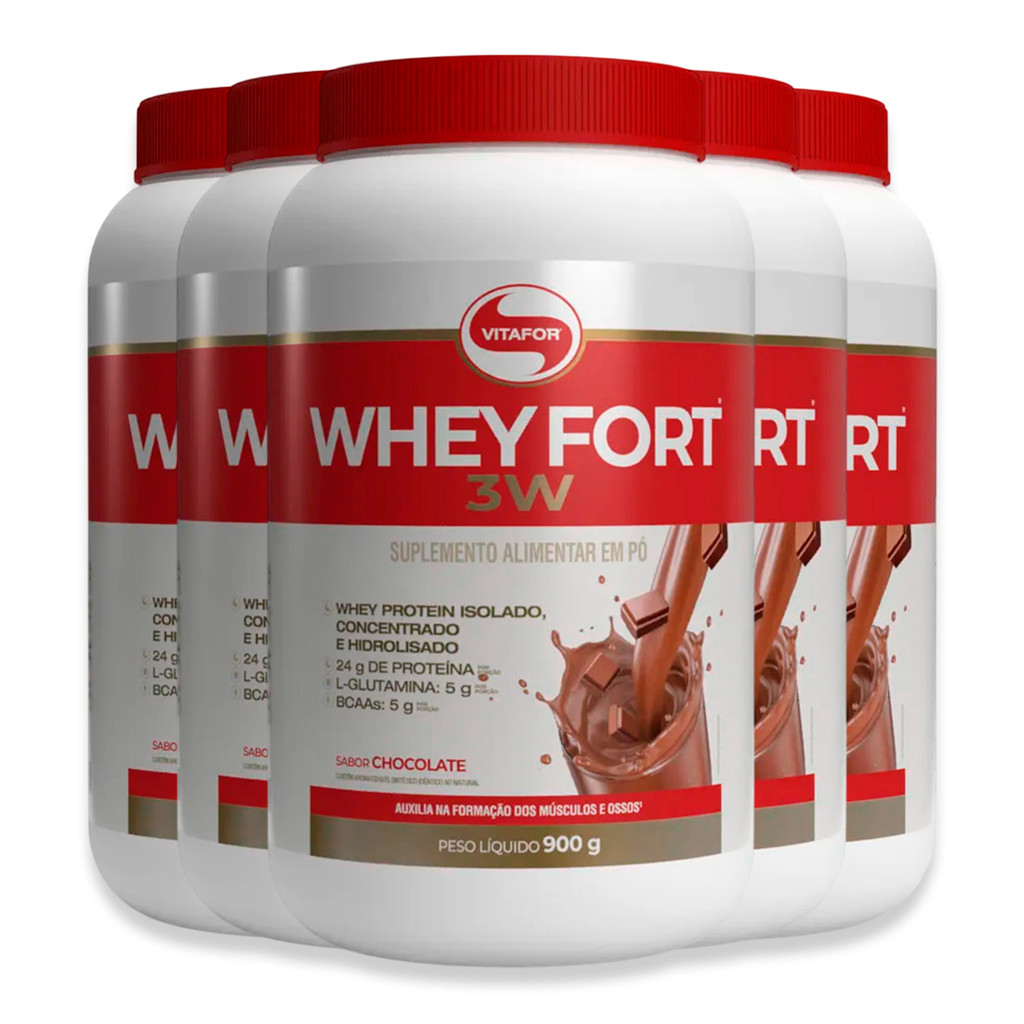 Kit 5 Whey Fort 3W Vitafor 900g Chocolate