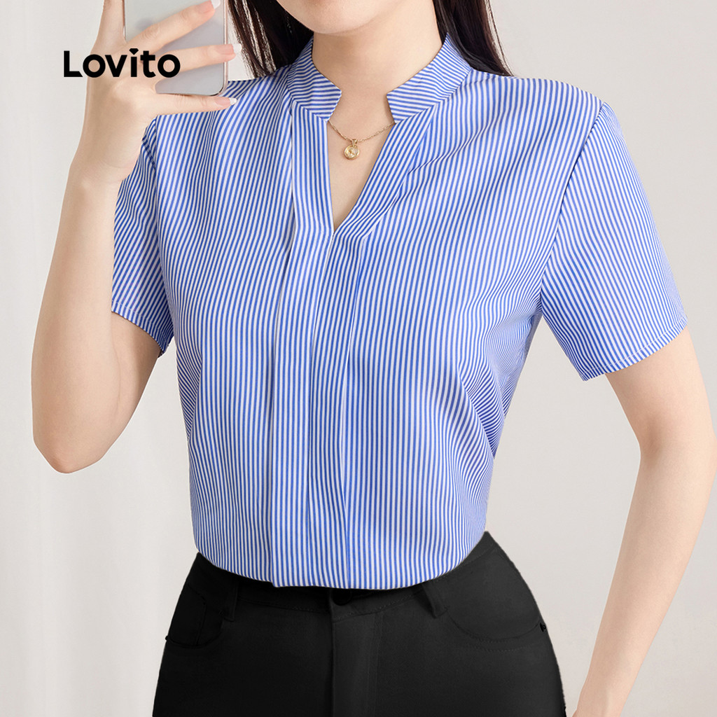 (New) Lovito Blusa Casual de Primavera/verão Azul para mulheres L243AD605 em Oferta na Shopee