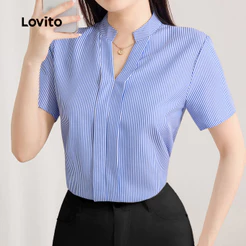 (Elegante) Lovito Blusa de Primavera/verão Azul para mulheres L243AD605