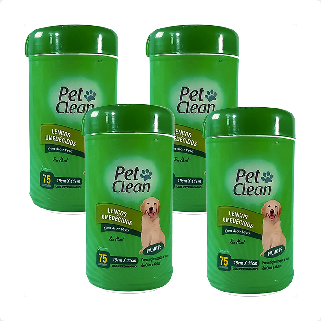 Kit 4 Lenço Umedecido Pet Clean para Cães e Gatos Filhotes - 75 Unidades