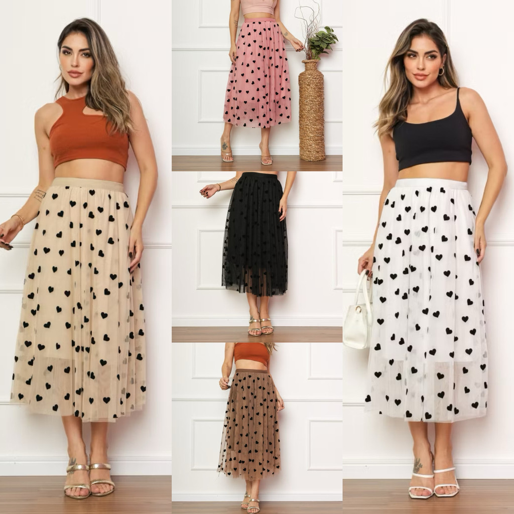Saia Midi de Tule com Corações Feminina Romântica e Leve para Festas ou no dia a dia WK-56 em Oferta na Shopee