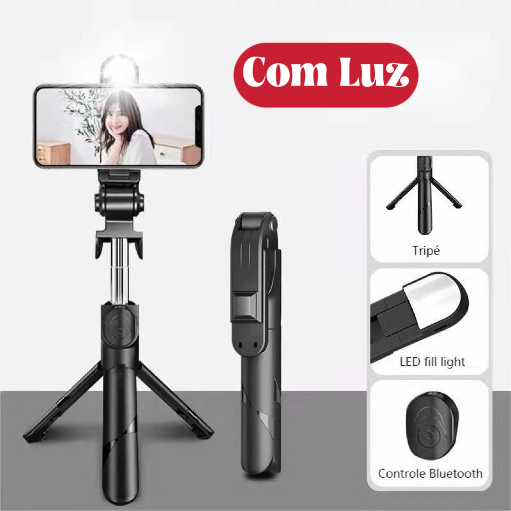Bastão Pau de selfie Tripé Retrátil Com Luz LED Controle Bluetooth Celular-JACKCELL