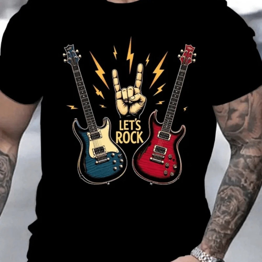 Bonito Camiseta Estampada Com Guitarra De Rock, Preta, 100% Algodão, Masculina em Oferta na Shopee