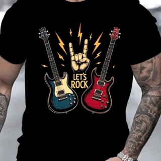 Bonito Camiseta Estampada Com Guitarra De Rock, Preta, 100% Algodão, Masculina em Oferta na Shopee