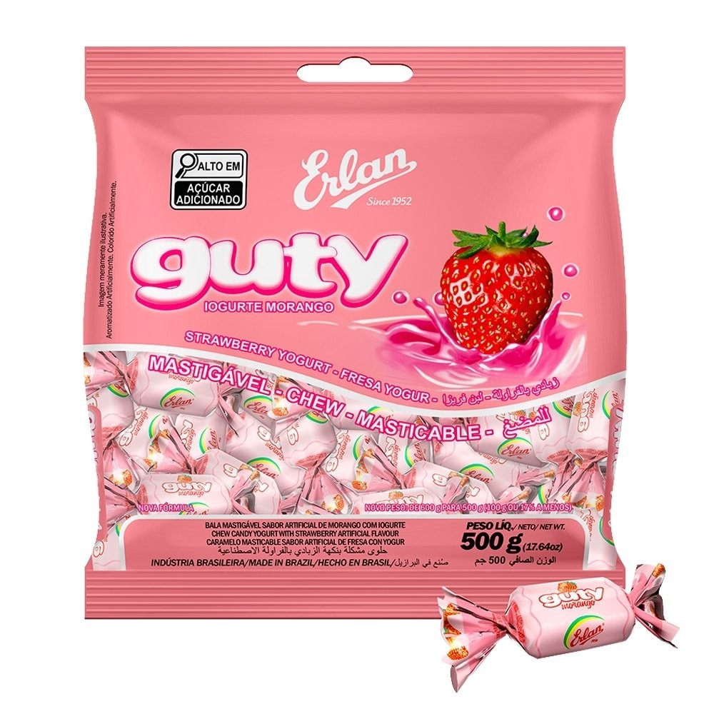 Bala Erlan Mastigável Guty Morango 500g em Oferta na Shopee