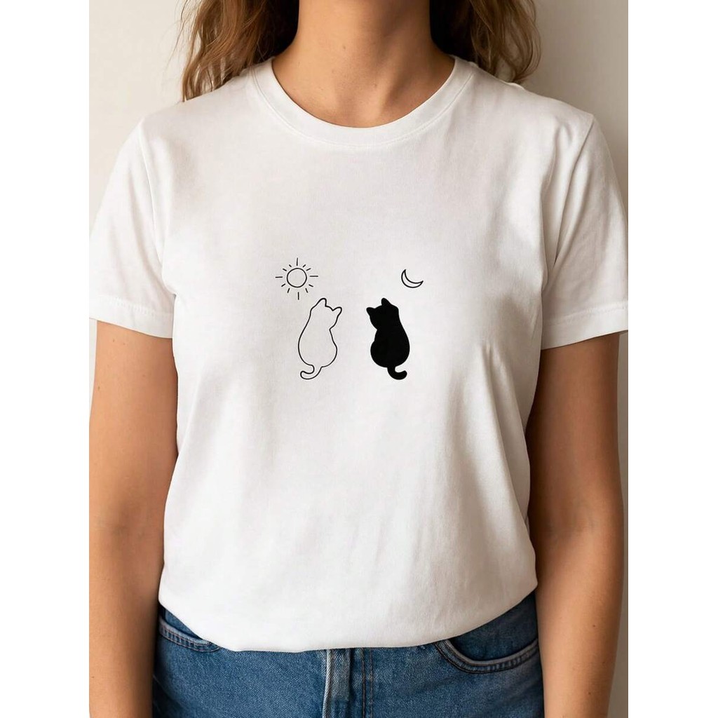 Bonito Camiseta Feminina Estampada Com Gato, Camiseta Branca De Algodão Da Moda