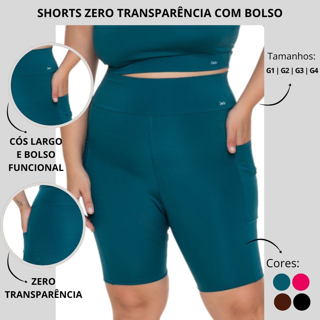 SHORTS BERMUDA PLUS SIZE FEMININO SUPLEX PREMIUM ZERO TRANSPARÊNCIA BOLSO LATERAL PILATES FINESS