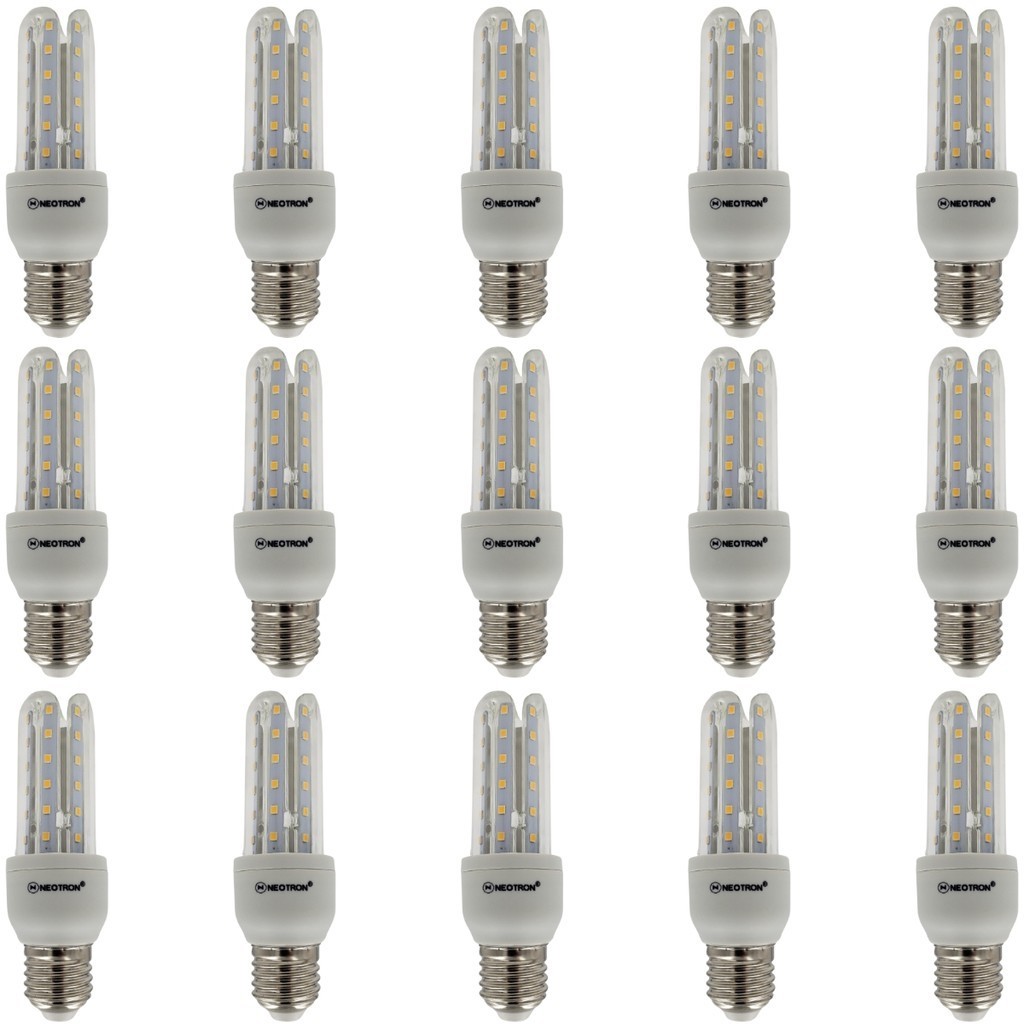 KIT 15 Lâmpadas LED Compacta 7W 3000K Luz Amarela Branca Quente Bivolt 110/220V 3U E27 NEOTRON 630 Lúmens - Decorativa Cozinha Casa Residencial Soquete Padrão Luminária Compacta Espiga Milho Formato U
