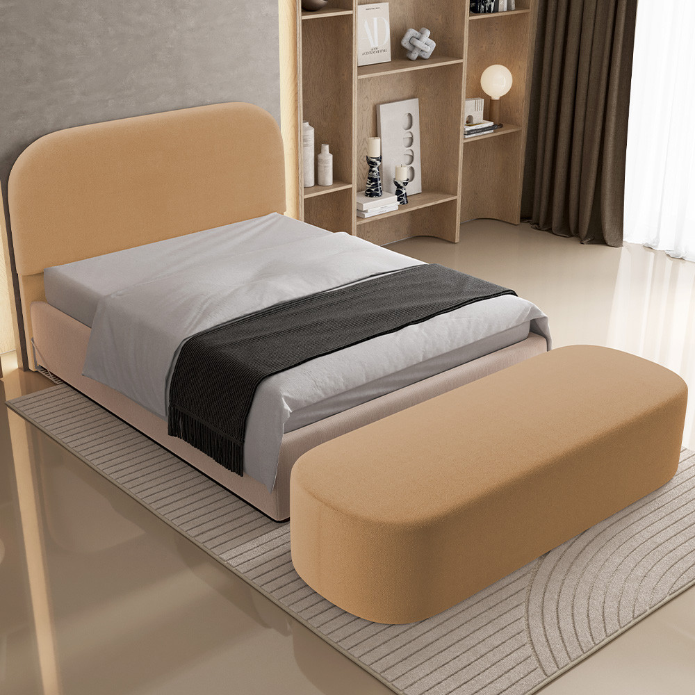 Cabeceira Cama Box Casal 195cm Lanna com Puff Recamier Doha W01 Bouclê Mostarda - Lyam Decor