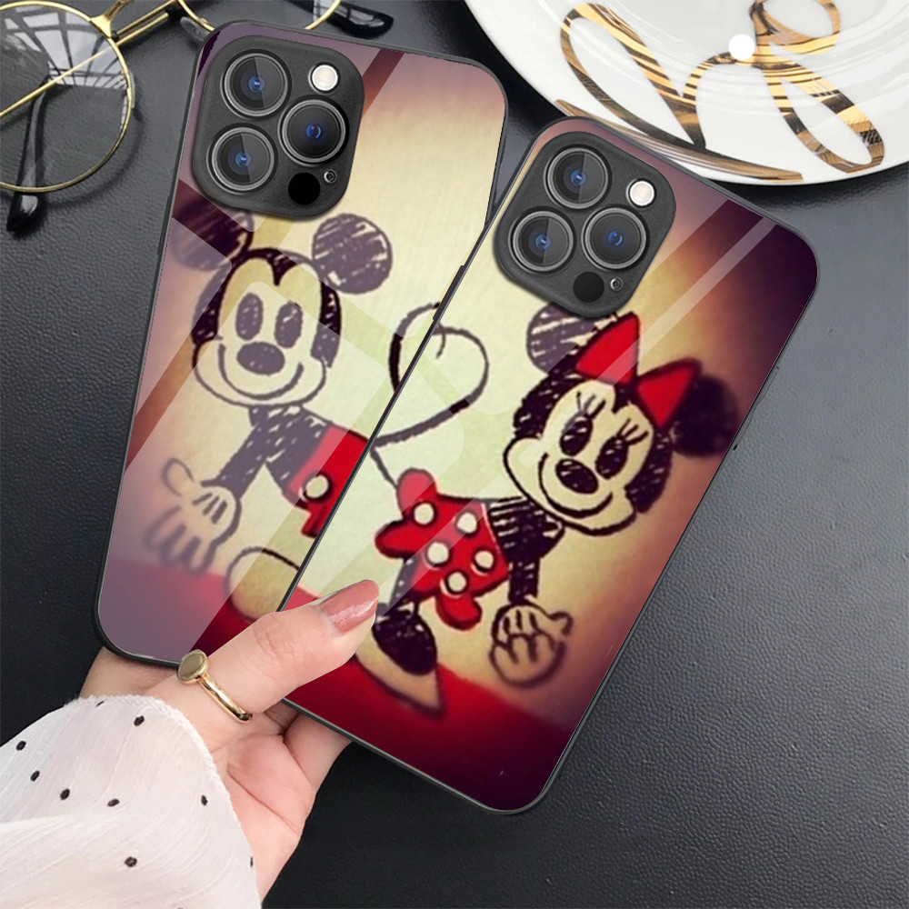 Mickey E minnie mouse Vidro Temperado Caso De Telefone Para IPhone 15 14 13 12 11 Pro XS Max Plus Mini X XR 8 7 6s SE2/3