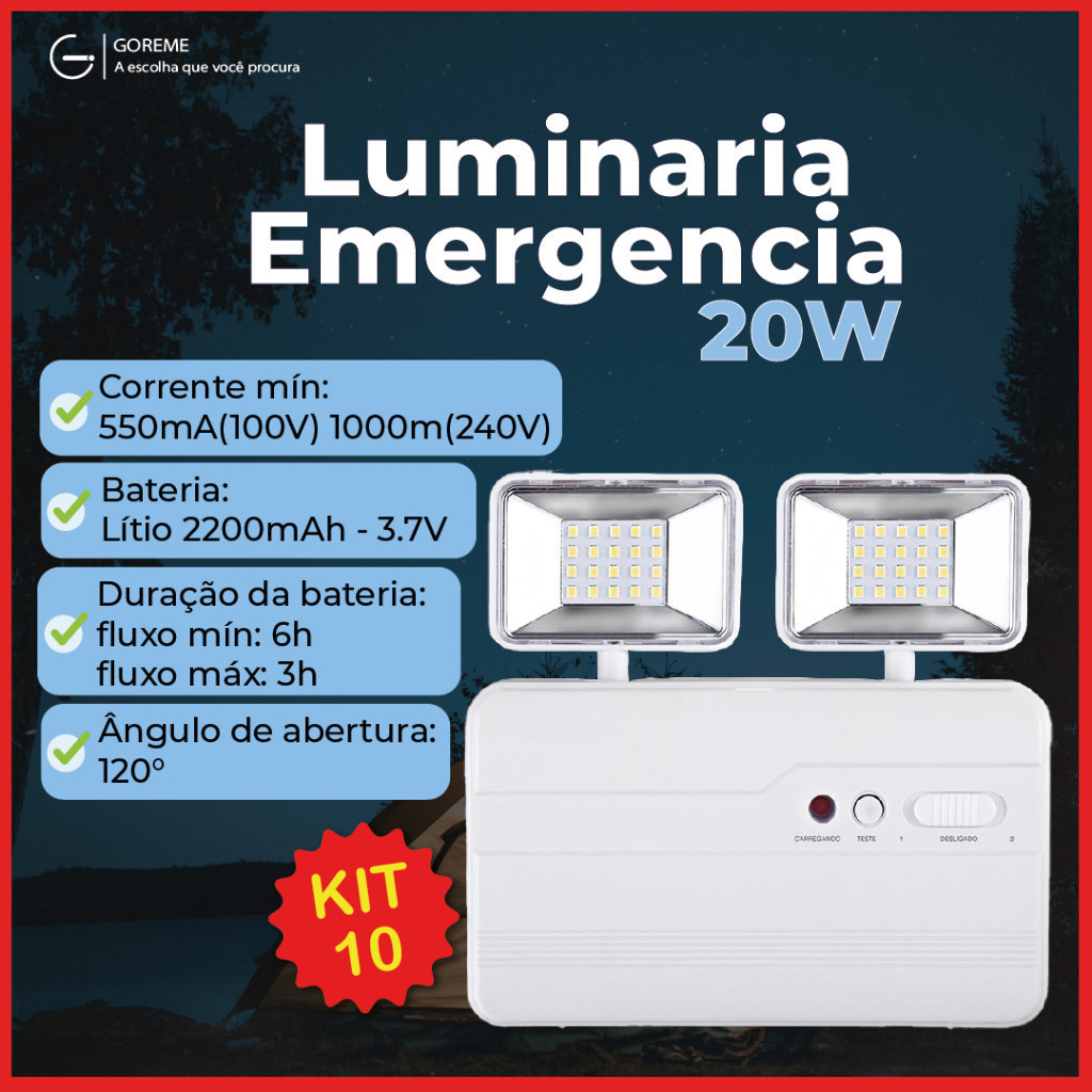 Kit 10 Luminária de Emergência LED PRO 20W com 2 Farol 40 LEDS Luz Branco Frio - Home & Living