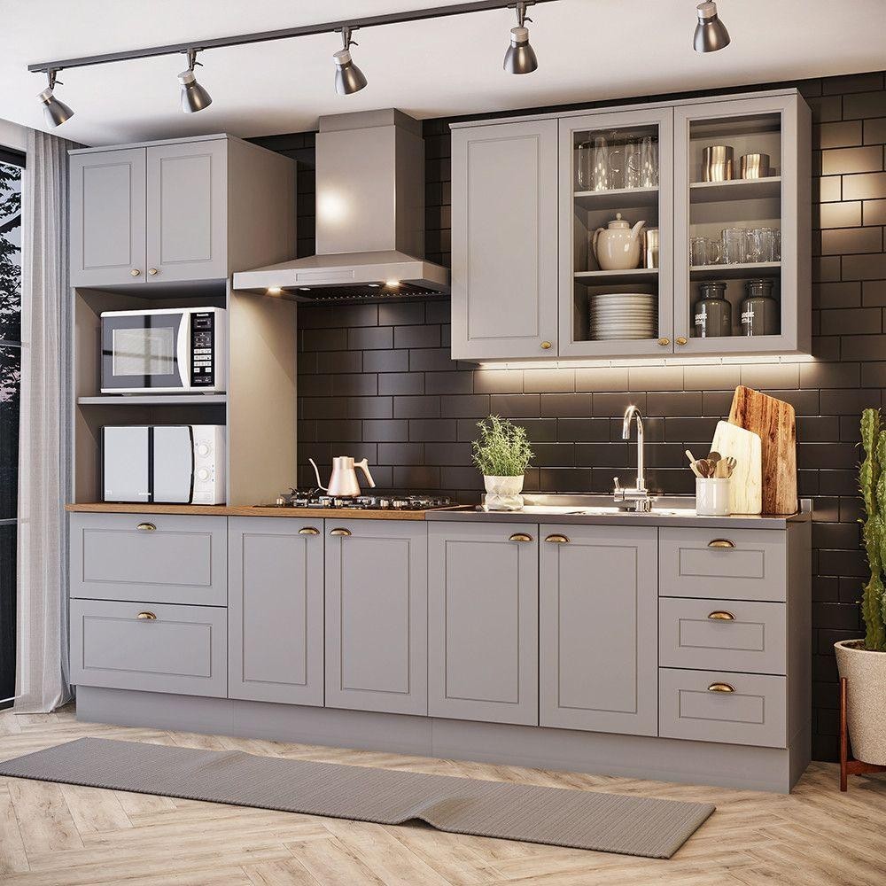 Cozinha Completa 4 Peças Com Aéreo 3 Portas Com Vidro Amy Casa 812 Cinza