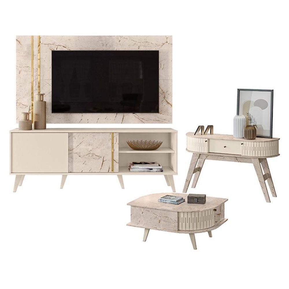 Rack Bancada E Painel Para Tv Cronos Com Aparador Estoril E Mesa De Centro Indianápolis Calacata Off White - Madetec em Oferta na Shopee