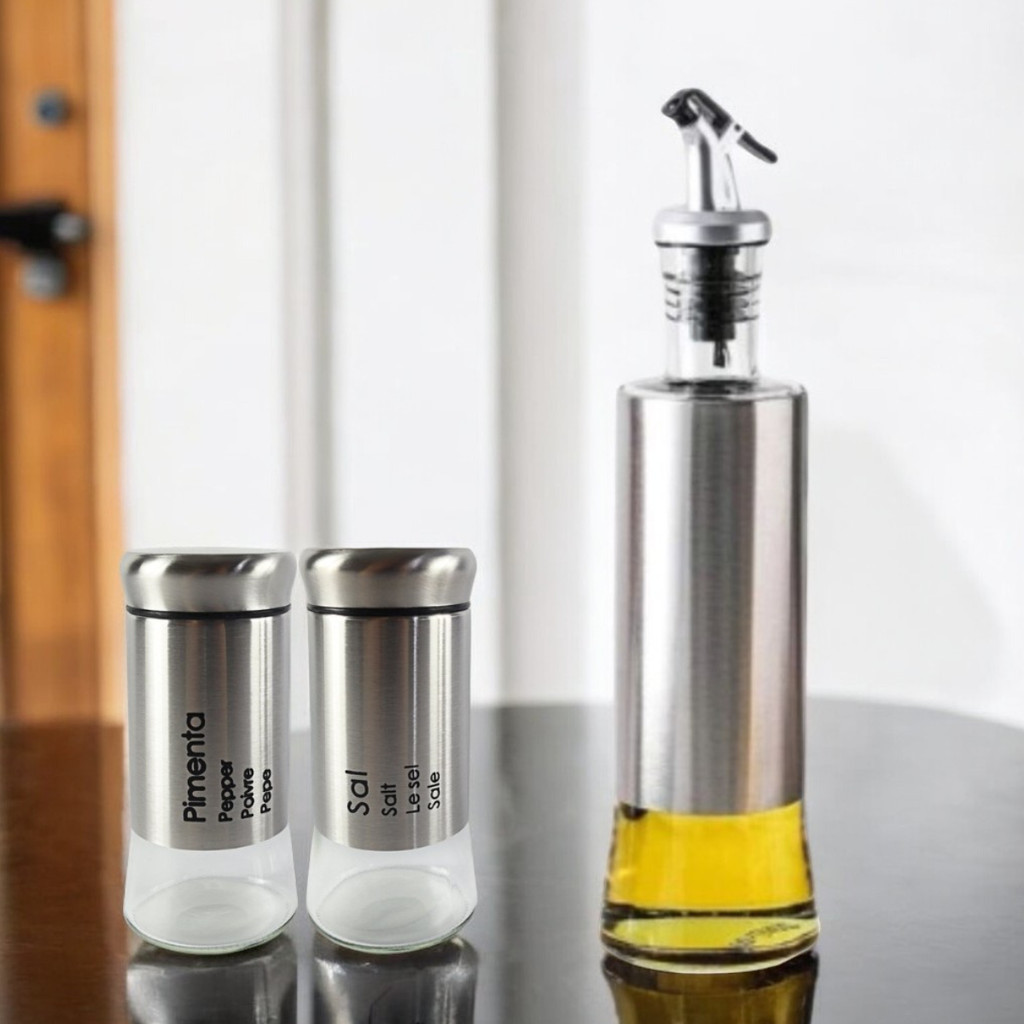 Kit com 3 Peças Porta Azeite ou Vinagre Galheteiro 300 ml e Porta Tempero Sal e Pimenta Condimentos