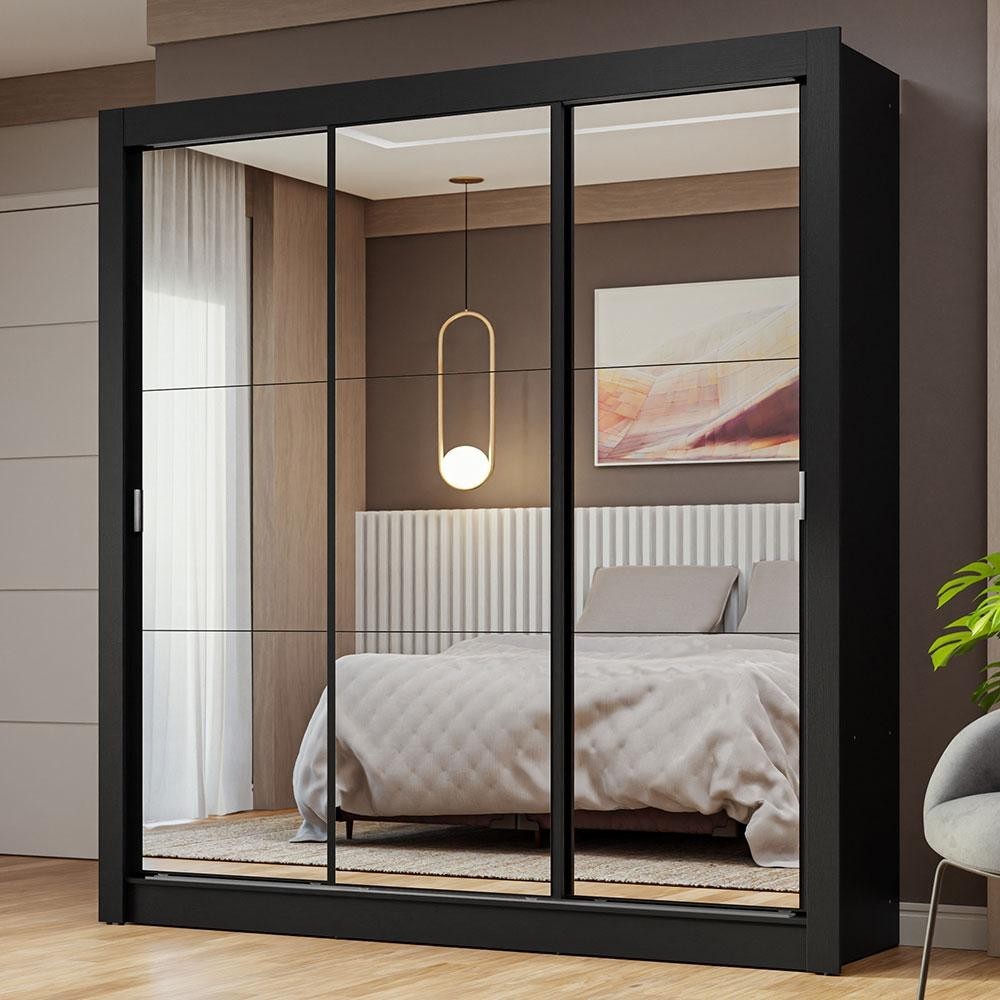 Guarda-Roupa Casal 3 Portas de Correr de Espelho Preto Nobre Madesa em Oferta na Shopee