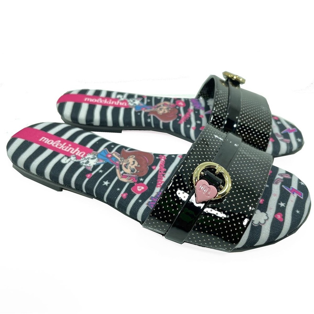Rasteira Infantil Molekinha Listras Verniz Menina - Preto - Baby & Kids Fashion