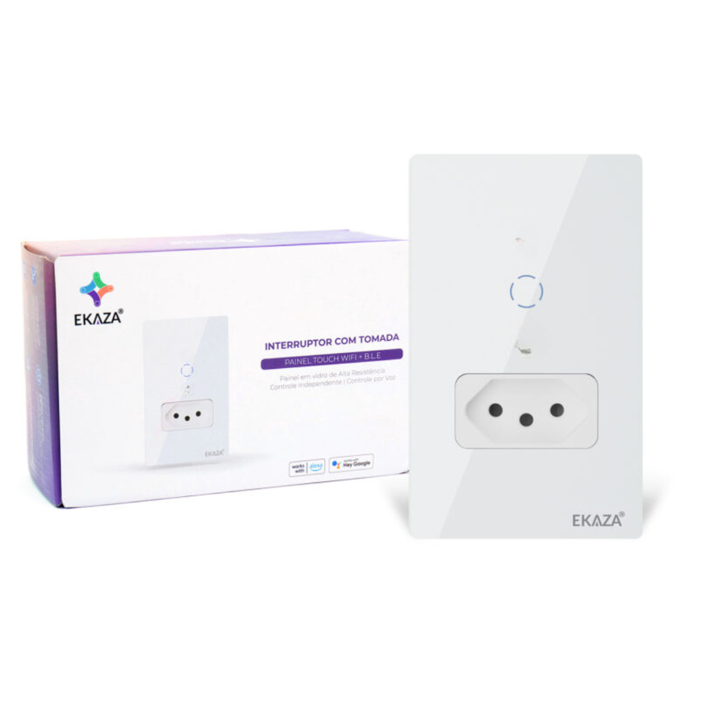 Interruptor Inteligente Touch Com Tomada 20A Wi-Fi 1 Botão Branco Compatível Google Amazon Alexa EKAT-T218-1WB EKAZA