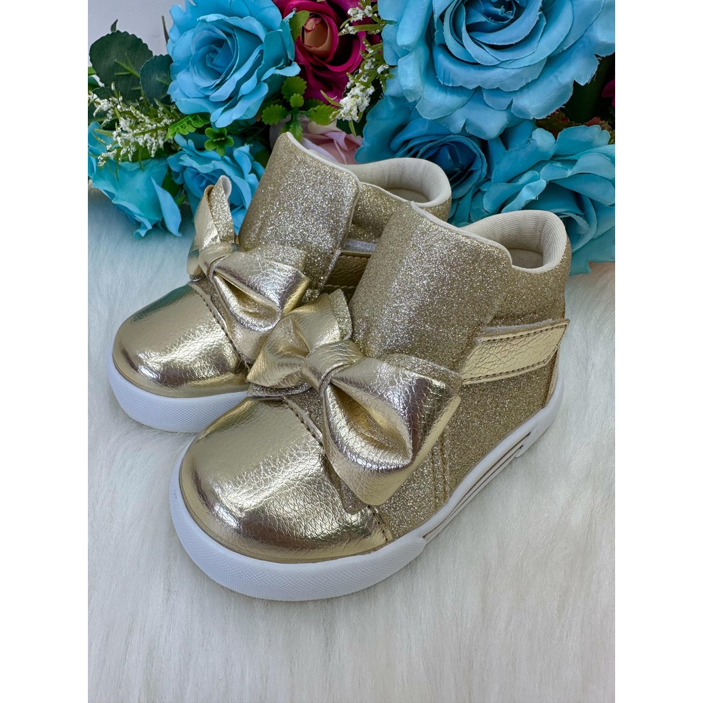 Tênis Bota Encanto de Criança Lacinho Dourado Glitter Rebeca Infantil Feminino Cano Curto Inverno Confortável Escolar Casual Social Para Trabalhar Moda Estilo Resistente