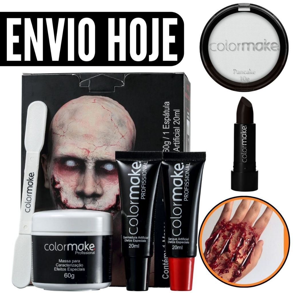 Kit Maquiagem Assustadora Profissional Halloween Artística Batom Pancake Sangue Falso