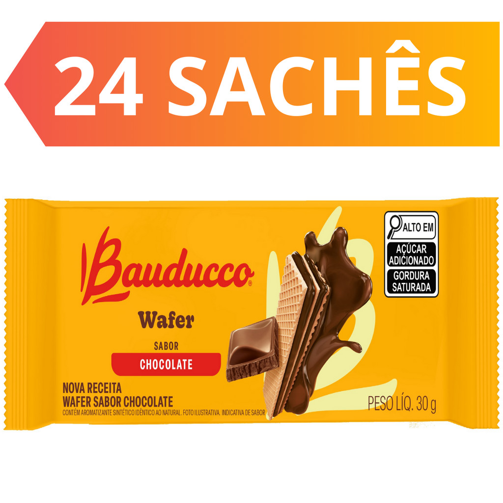 Biscoito Mini Wafer Chocolate Bauducco Caixa Com 24 Sachês De 30g em Oferta na Shopee