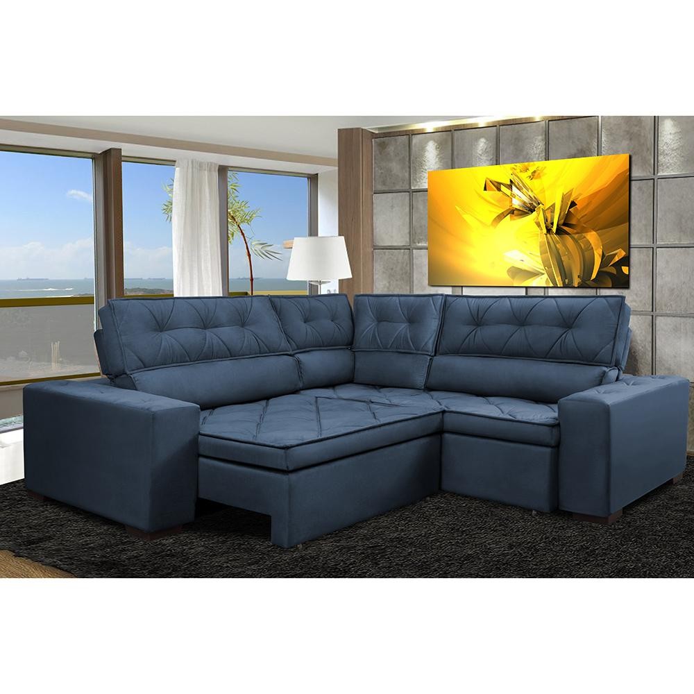Sofa de Canto Retrátil e Reclinável com Molas Cama inBox Austin 2,30m x 2,30m Suede Velusoft Azul em Oferta na Shopee