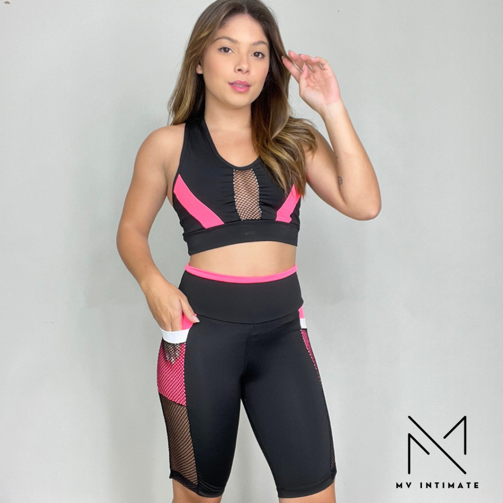 Conjunto Fitness Academia Short com Bolso Lateral e Top com Tela em Oferta na Shopee