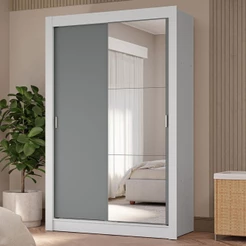 Guarda-Roupa Solteiro 2 Portas de Correr com Espelho 4 Gavetas Branco/Cinza Vivare Plus Madesa
