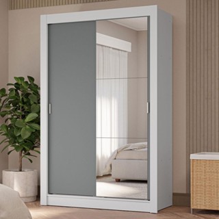 Guarda-Roupa Solteiro 2 Portas de Correr com Espelho 4 Gavetas Branco/Cinza Vivare Plus Madesa em Oferta na Shopee