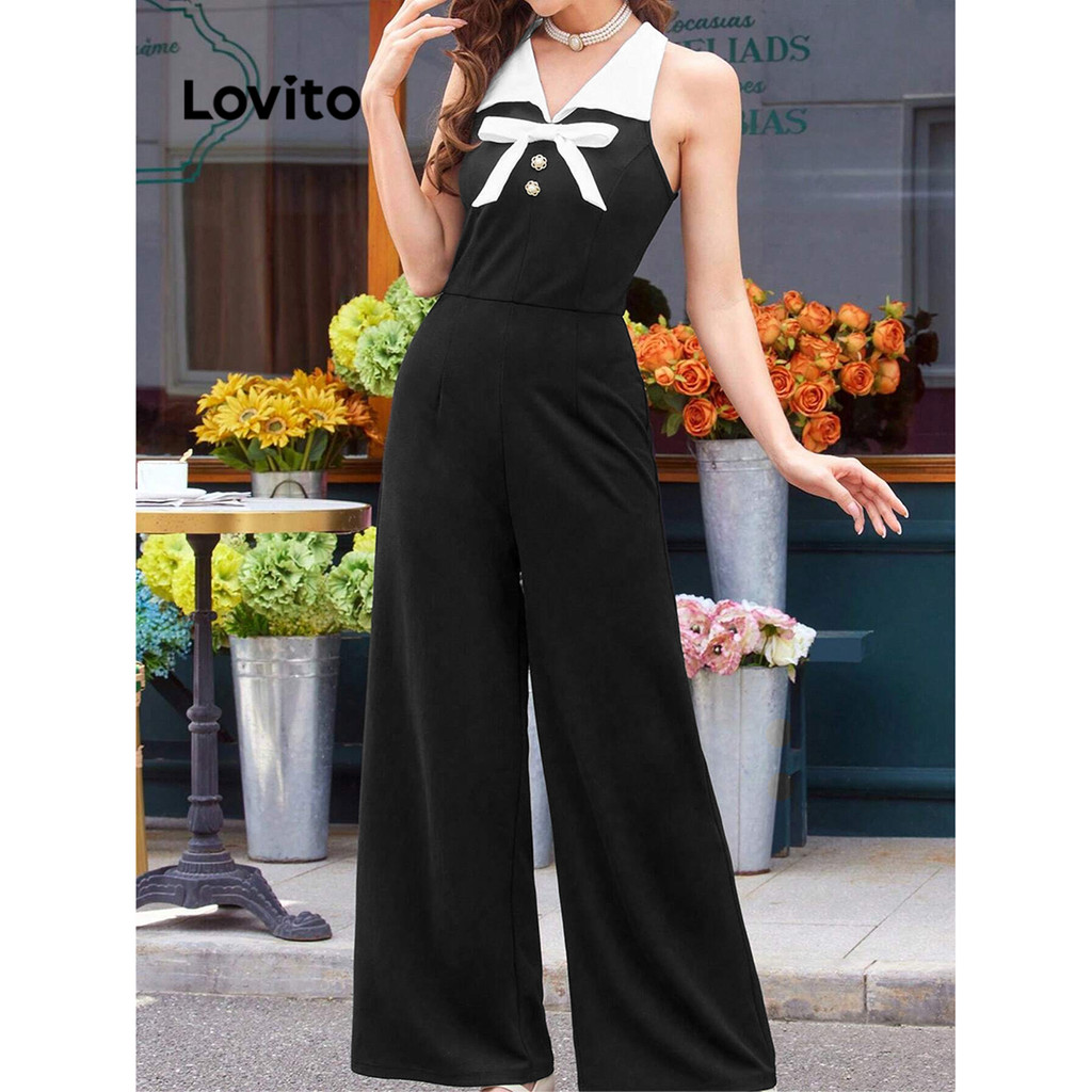 (Trendy) Lovito Macacão elegante com frente lisa e laço para mulheres L95ED301 - Women Clothes