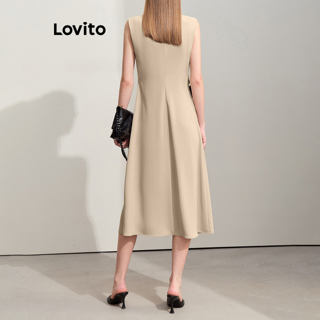 Detalhes do Lovito Vestido Elegante Vestido Liso Com Cadarço Para Mulheres L99ED428