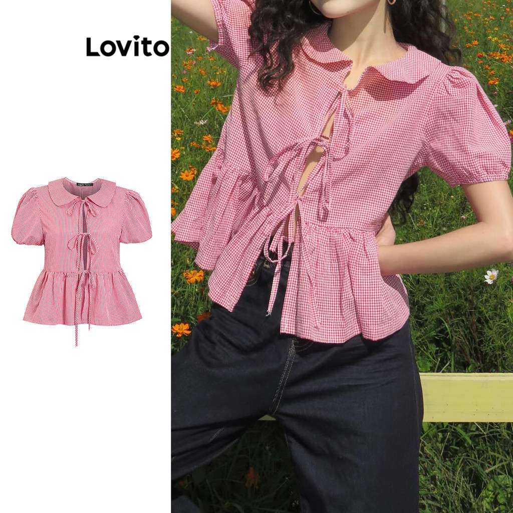 Lovito Blusa Fofa Blusa Guingão Com Gravata Borboleta Frontal Para Mulheres L102AD002 - Women Clothes