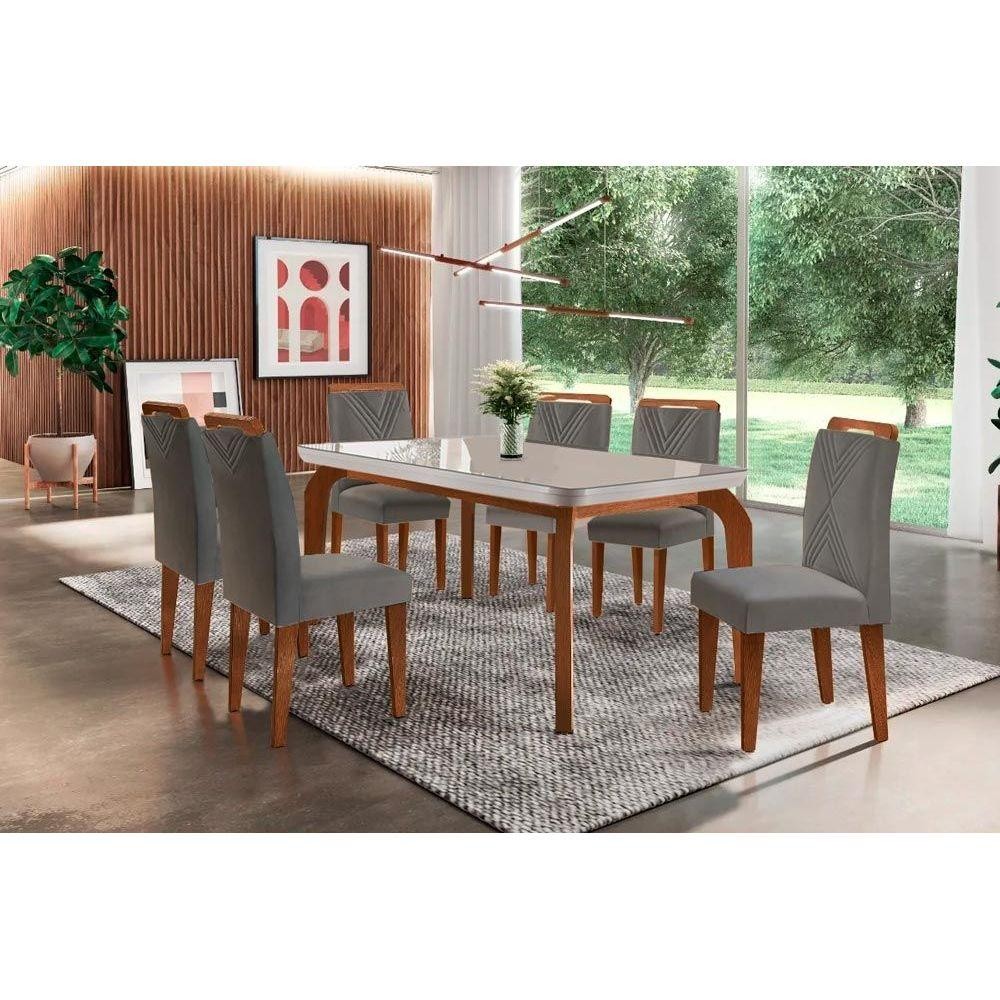 Sala de Jantar Completa Londrina Tampo Madeirado c/ Vidro Curvo 180x90 e 6 Cadeiras Amsterdã Imbuia - Veludo Grafite - Rufato - Home & Living