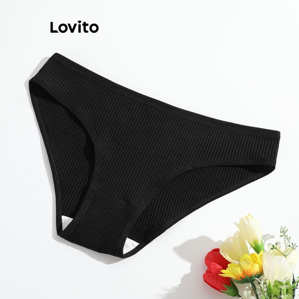 (Trendy) Lovito Calcinha Casual De Malha Canelada Lisa Para Mulheres LNL45169 em Oferta na Shopee