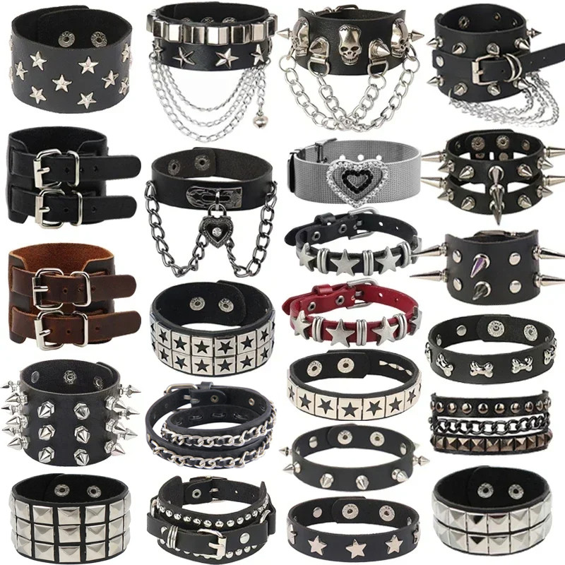 Punk Hip Hop Rock Pulseiras De Couro Do Plutônio Na Moda Corrente Crânio Pentagrama Rebite Festa Jóias Acessórios em Oferta na Shopee