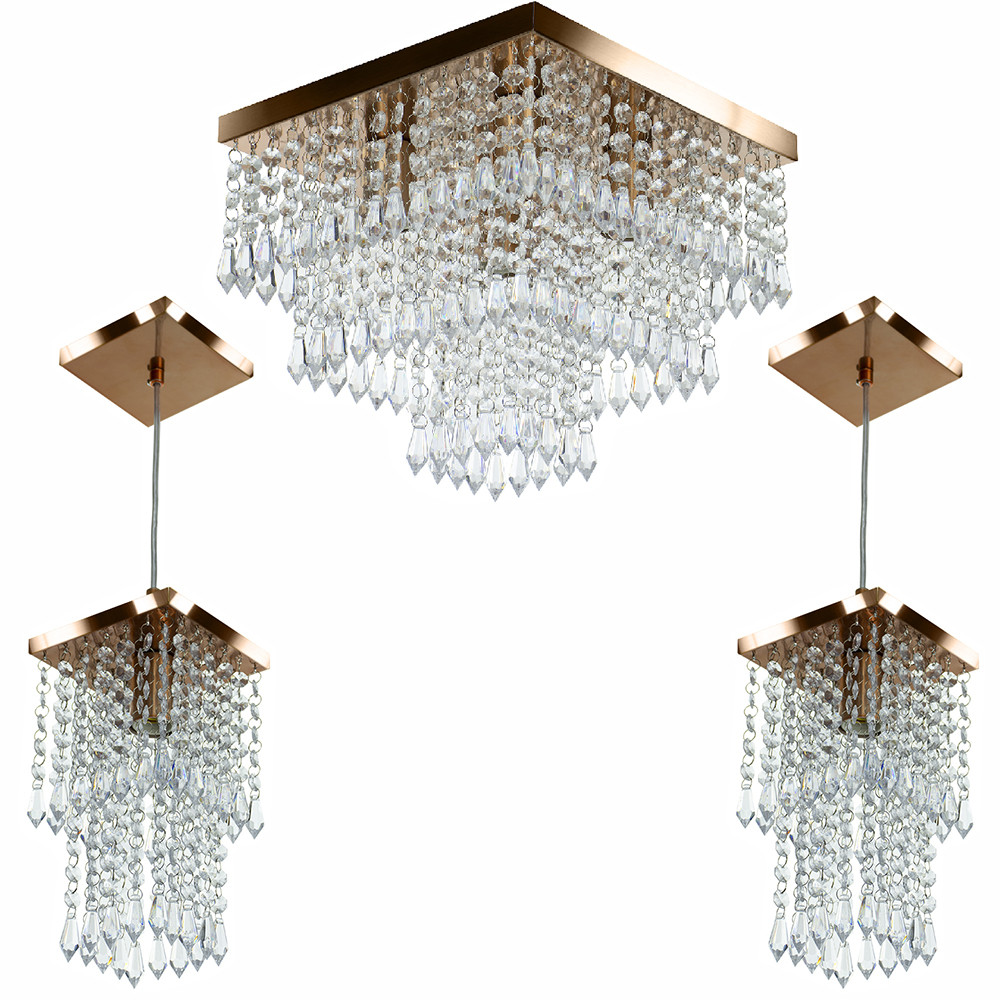 Kit 1 Lustre Cristal Acr. Sweet + 2 Pendentes Spark Cobre