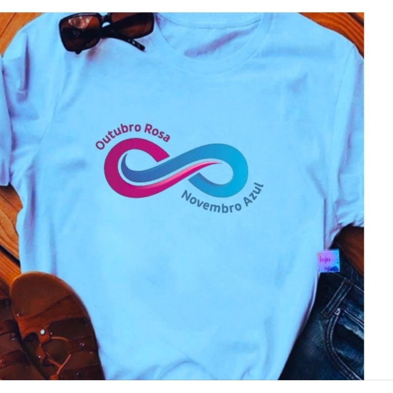 T-shirts Baby Look feminina Azul Claro/Câmpanha de Prevenção Contra o Câncer de Mama e Próstata/ Outubro Rosa e Novembro Azul